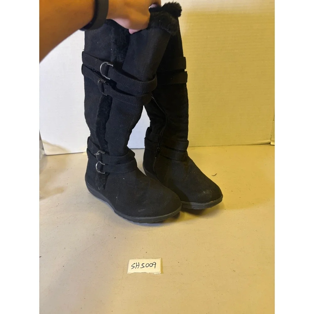 Shoe Dept Buffy Black Faux Suede Fur Trim Mid Calf Buckle Boots Womens 8.5M